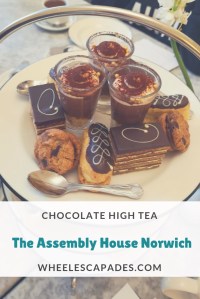 Title image of cake stand filled with chocolate desserts. The text ‘Chocolate High Tea Assembly House Norwich’