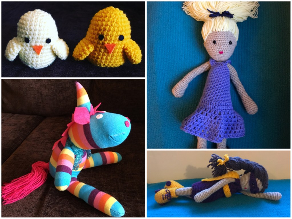 A collage of craft projects I have made including a sock unicorn, a crochet superhero doll and crochet ducks