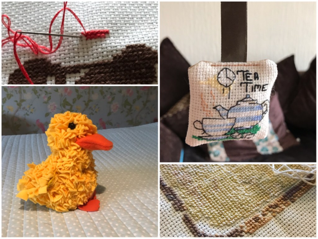 Another collage of some finished and unfinished crafts. A cross stitch key ring with an image of a tea cup and the words tea time. A large yellow duck make by progging, similar to rug making