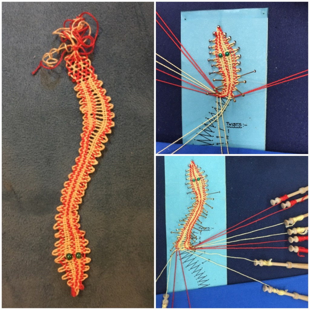 A collage of photos from my lace making class. On the left you can see a lace snake I made. On the right you can see threads and pins. 
