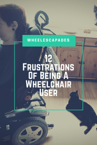 This is an image to pin. On the left and facing sideways is me in my wheelchair. There is a cat on the floor behind me. The title text, 12 frustrations of being a wheelchair user is placed over. 