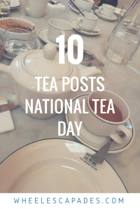 An image to pin. A cup and saucer filled with strong tea is on the right, with a white teapot to the left. The title text Top 10 Tea Posts - National Tea Day is placed over. 