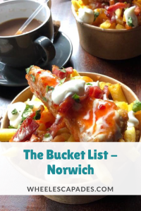 An image to pin. A photo of my bucket of chips with the title text. The Bucket List Norwich