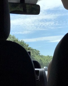 My view between the front seats in the car. The sky is cloudy and blue, there is greenery in the distance. 