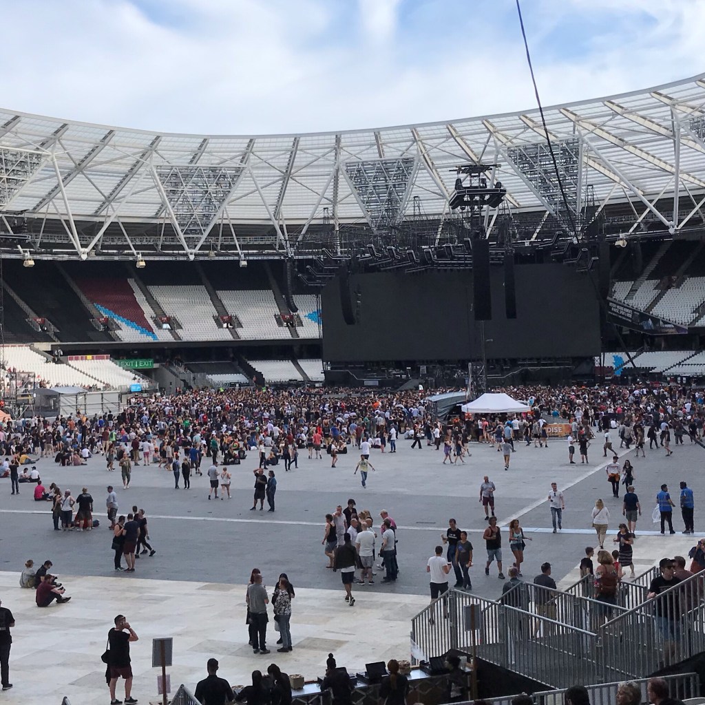 The view from our seats of the stadium filling up. The stage straight ahead. 