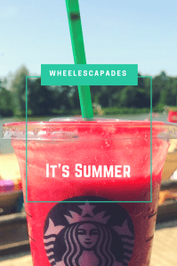 An image to pin. A Starbucks plastic cup with a green straw. The cup is filled with red iced liquid. In the background is a beach with people in the distance. Title text It’s Summer is placed over the image. 