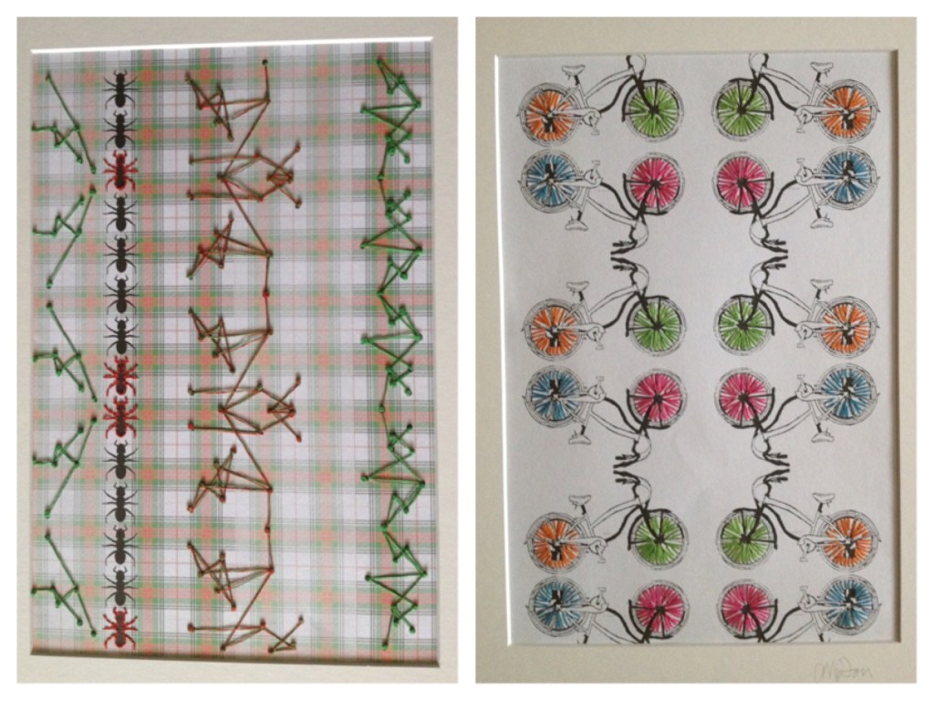Two images from the picnic book I worked on. The left image is of a tartan blanket style background with rows of ants placed over. I stitch onto the paper images creating lines of thread as connections. The second image is a repeat pattern of a bicycle flipped in a mirror image all over the page. The background is white and I have stitch brightly coloured lines over the spokes in the bike wheels. 