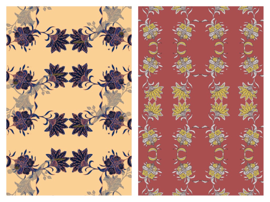 On the left a floral drawing repeated to create a pattern. The background is an apricot yellow with the purple design. On the right is a floral pattern with a dark red background and yellow and grey pattern. 