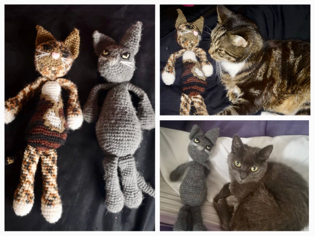 On the left are two crochet cats. On grey and one tabby. On the right are photos of the real life cats with their crochet lookalikes. 
