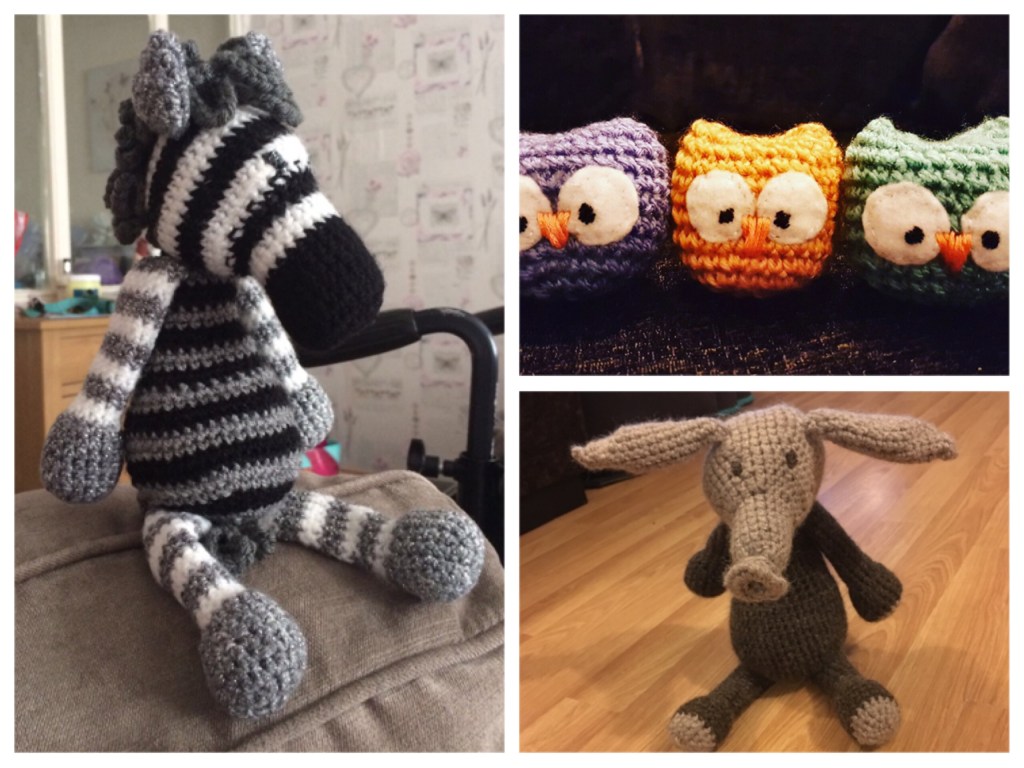 Three images of stuffed crochet animals. I stripy grey white and black zebra, a brown and cream aardvark, and a row of three brightly coloured mini owls. 