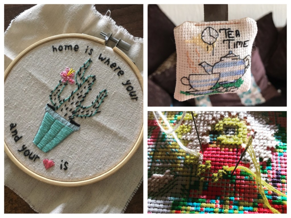 Three images of embroidery. On the left is an embroidery hoop with fabric in, on it is stitched a cactus in a pot. The stitched text reads ‘home is where your... and your heart is’. The bottom right image is a close up of a needle in a colourful cross stitch. The top right image is of a teapot and cup, it says ‘tea time’. The cross stitched design is made into a tiny hanging cushion. 