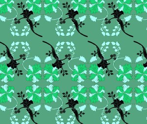 This is a more curvy floral pattern in green and pale mint green. There are also black flowers placed over to create depth to the pattern. 