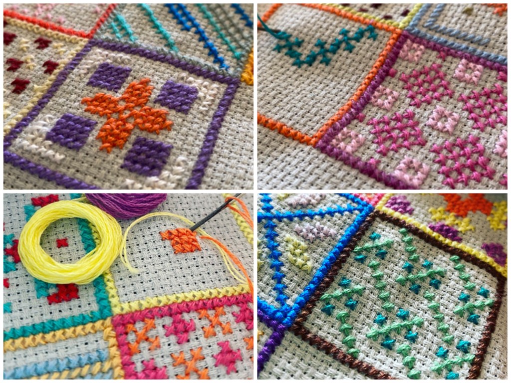 Four shots taken during my cross stitch project. There are squares stitched in brightly coloured threads, all with different patterns. The squares are 21 stitches wide.