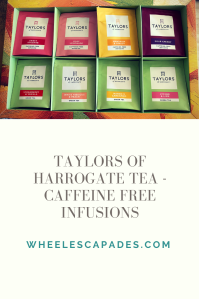 Same image of tea selection box as above is at the top third of this pinterest image. Title text Taylors Of Harrogate Tea - Caffeine Free Infusions is below in grey on a cream background. 