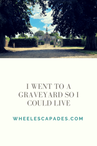 An image to pin. Title text I Went To A Graveyard So I Could Live is in grey on a cream background covering the bottom two thirds of the image. At the top is the same photo previously used showing the tree longed walk towards the chapel. 