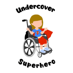Logo for Ami’s blog Undercover Superhero. It is a cartoon image of a girl in a superhero outfit and cape sitting in a manual wheelchair. 