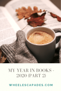 Title text My Year in Books 2020 (part 2) is in grey text on a cream background. Above is an image of an open book with hands holding a mug or dark liquid. 