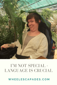 Title text I’m Not Special - Language is Crucial, is in grey on a cream background. There is a portrait of myself with sort brown hair beside a giant tropical plant and a large leaf on my head. 