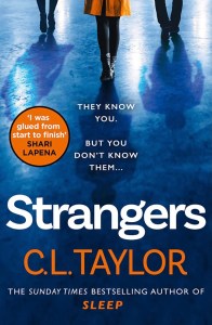 Strangers book cover. At the top are the legs of 3 people standing on a blue flooring. You can’t see the people, you can see their shadows on the floor. Text is in white and bright orange. 