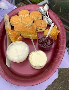 A dark red tray filled with slices of cake, scones and tubs of jam and cream.