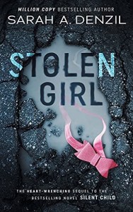 Book cover for Stolen Girl. A pink hair bow floats in a puddle between cracks in cement ground. Title text is placed over in light blue. 