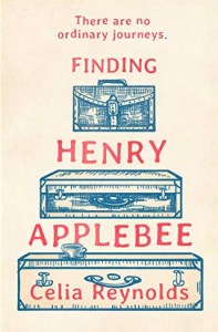 Book cover for Finding Henry Applebee. A cream background with line drawings that look like prints, of three suitcases piled up with the title text in between in red font. 