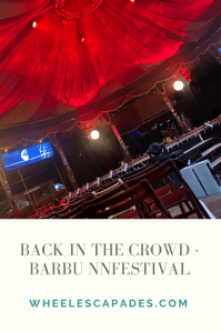 An image to pin. Photo inside the spiegletent with title text Back In The Crowd - Barbu NNFestival at the bottom in grey on a cream background. 